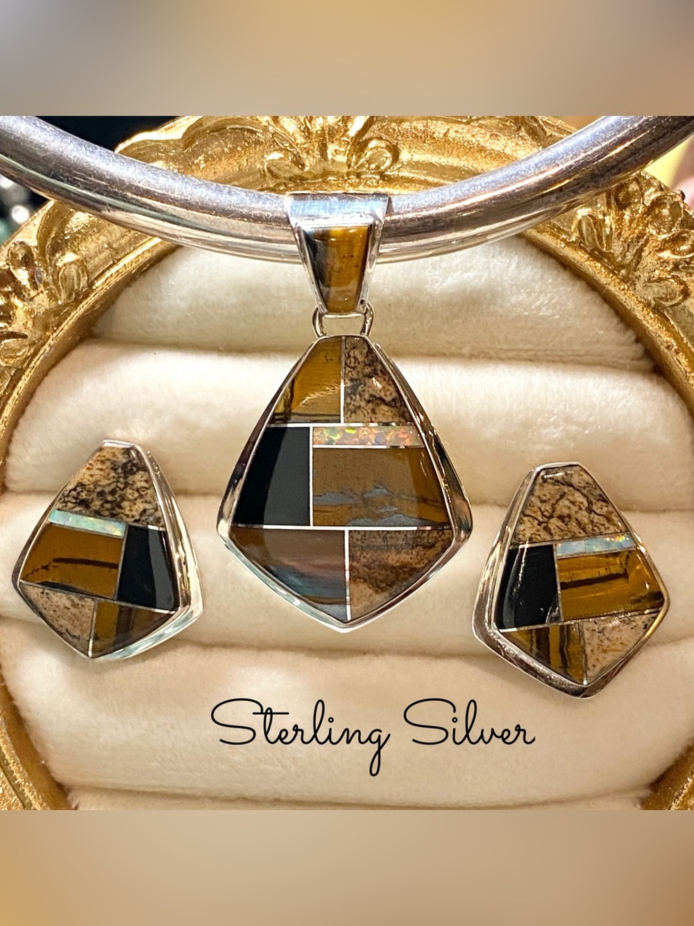 Sterling Silver Tiger’s Eye, Picture Jasper, Onyx, Fire Opal Pendant Earring Set
